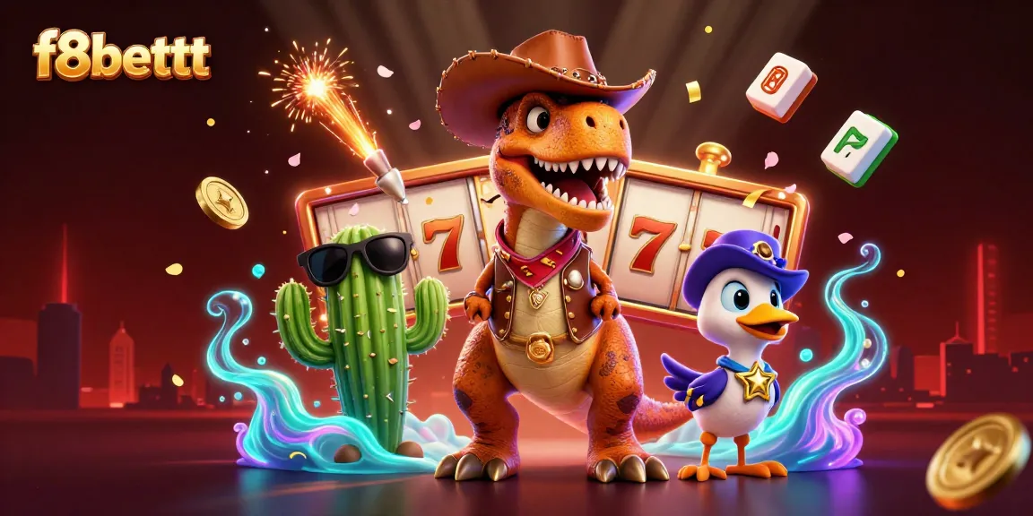 Experience excitement at f8bettt with a colorful casino-themed illustration featuring animated characters.