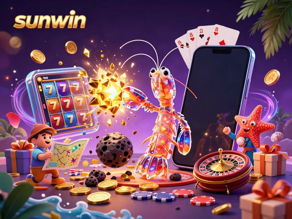 Sunwin players winning big with golden gems from a vibrant slot game scene filled with excitement.