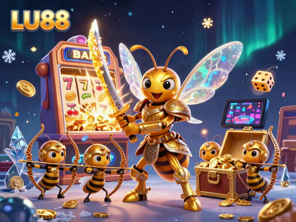 LU88 captivating online casino illustration with a golden hornet and jackpot elements, showcasing vibrant gaming action.