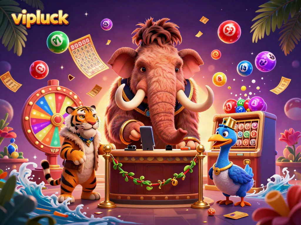 Engage in lively gambling action at vipluck casino featuring colorful lottery balls and charismatic characters.