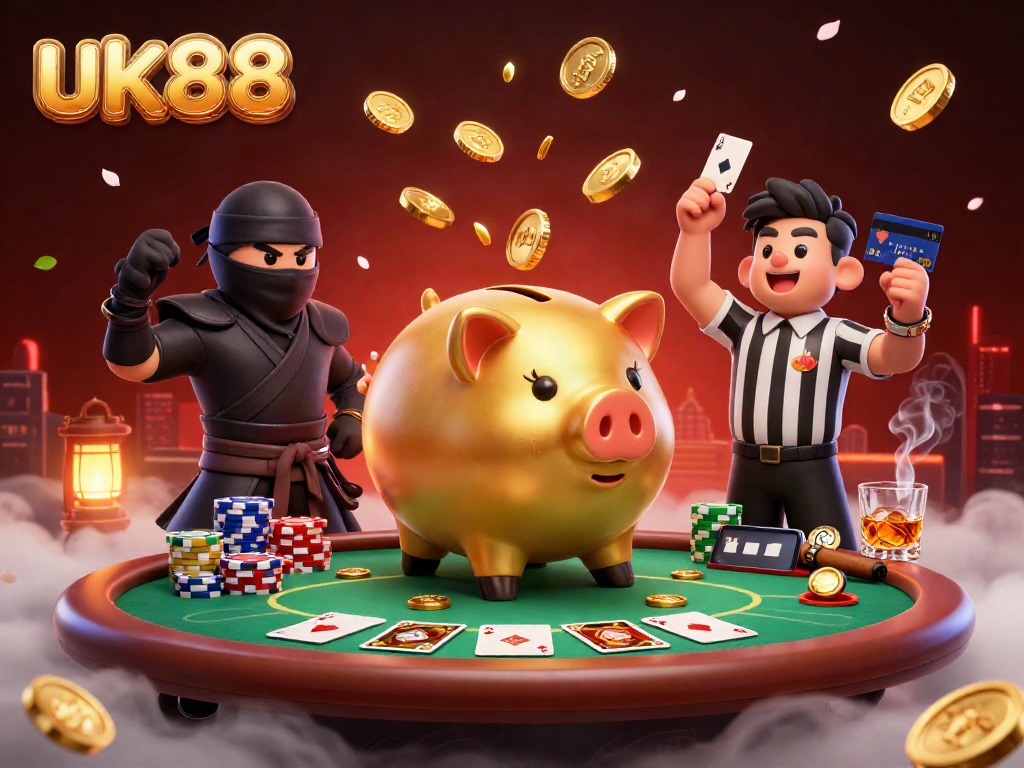 Witness an energetic scene from uk88 featuring a golden piggy bank sumo wrestler amidst vibrant casino action.