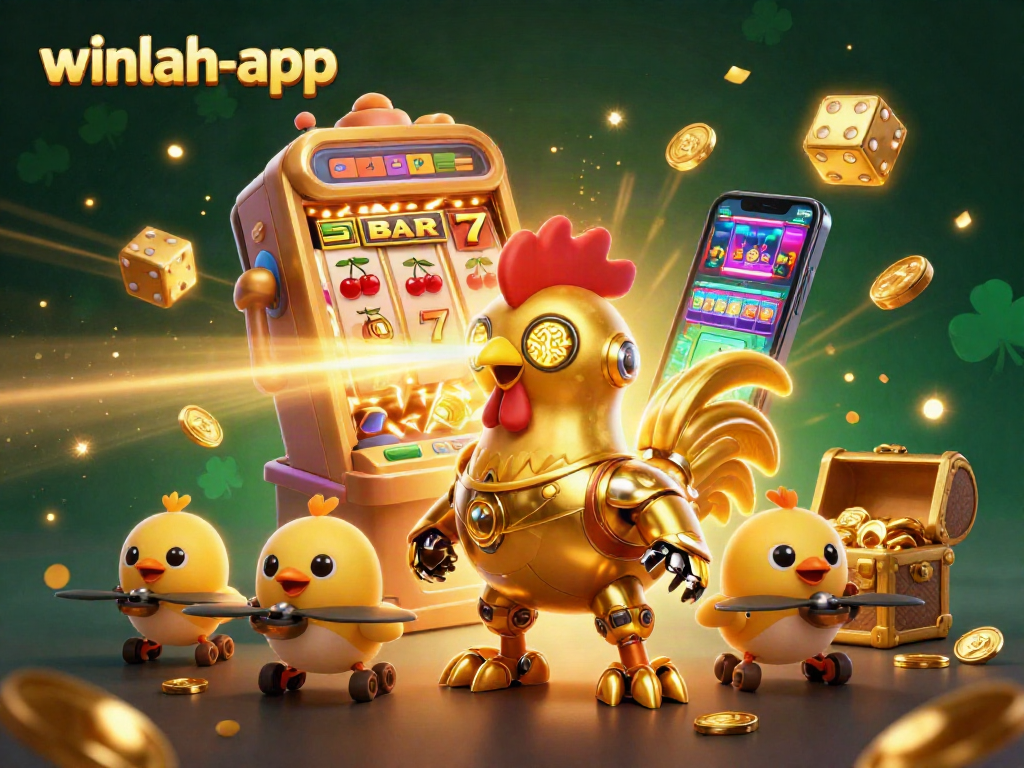 Play games at winlah-app with a lively 3D illustration including jackpot slots and exciting characters.
