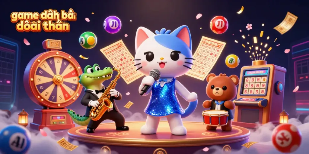 Engage with the exciting world of game đánh bài đổi thưởng featuring charming characters amid vibrant casino elements.