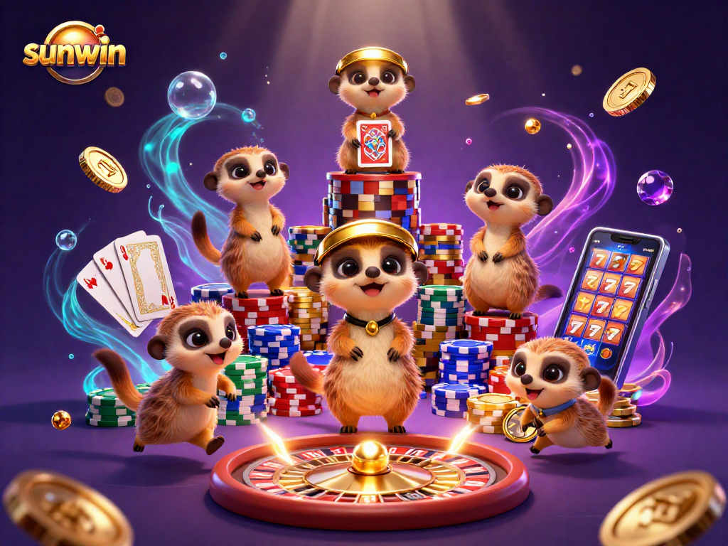 Join the fun at sunwin with a lively meerkat casino scene, featuring games and glimmering chips!
