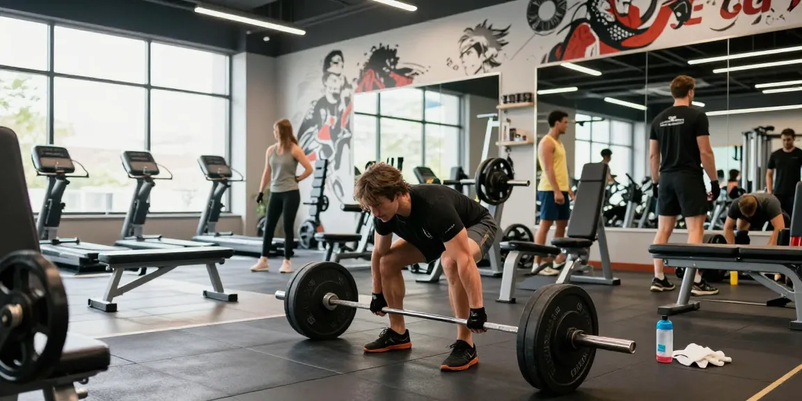 Anabolika Shop showcasing an athlete performing deadlifts in a bright gym, surrounded by weights and fitness gear