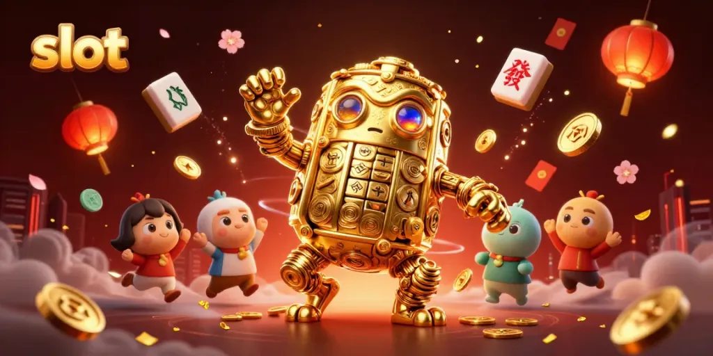 Win big with slots illustrated through a golden golem surrounded by dynamic casino imagery.