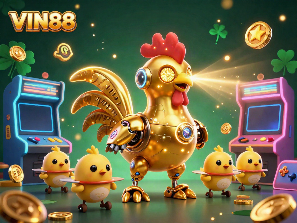 Experience thrilling gaming excitement with VIN88 as a roaring golden rooster robot leads a team of chart-topping baby chick drones.