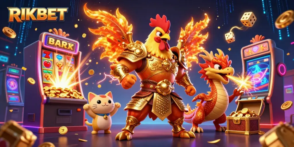 RIKBET offers a dynamic casino adventure featuring a golden samurai rooster, armored dragon, and jackpot filled with coins.