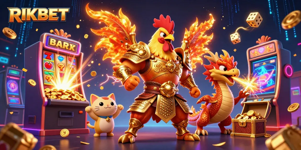 RIKBET offers a dynamic casino adventure featuring a golden samurai rooster, armored dragon, and jackpot filled with coins.