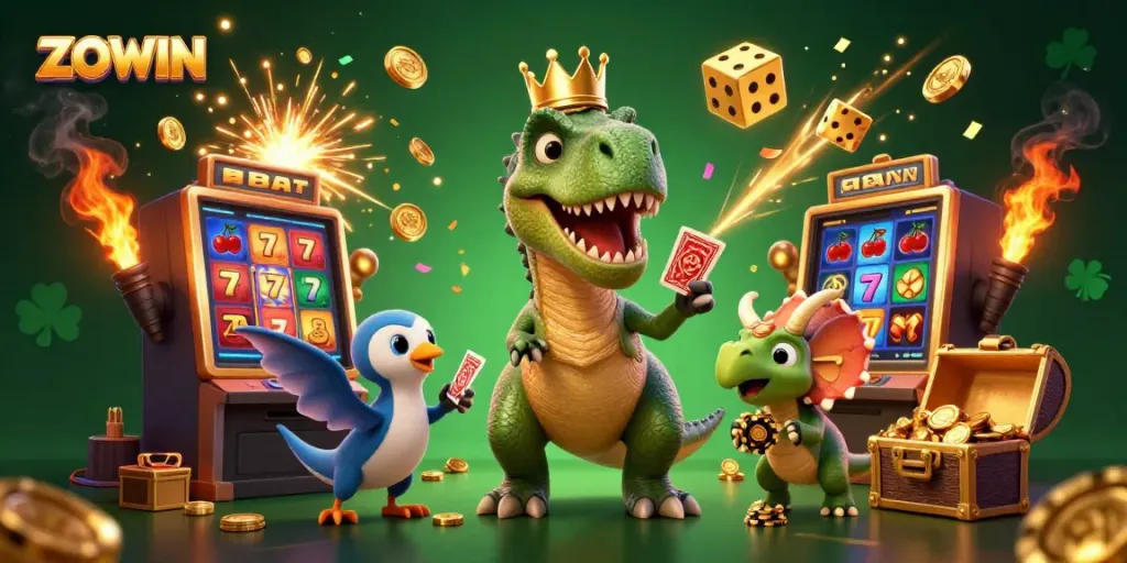 ZOWIN engages players with a thrilling illustration of a T-Rex, pterodactyl, and triceratops in a casino setting.