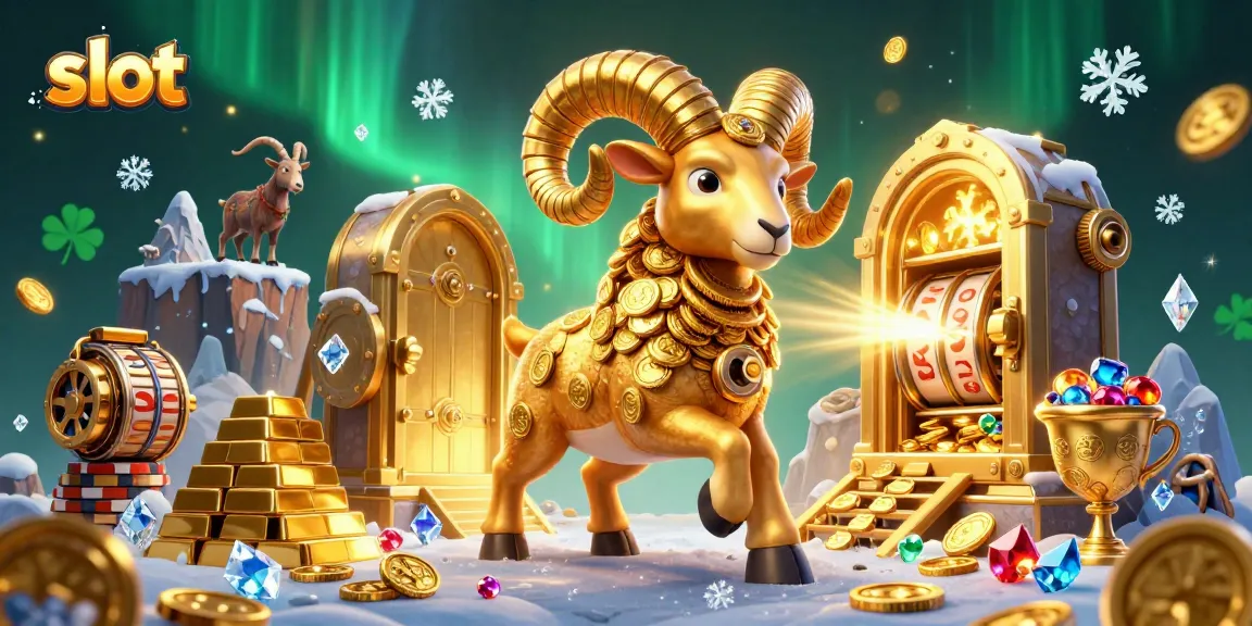 Play exciting slot games with a golden ram charging through treasure-filled gates in this vibrant scene