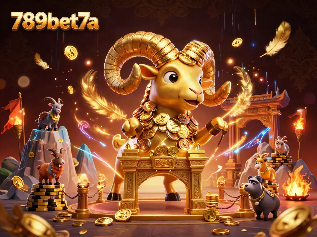Engaging 789bet7a illustration featuring a golden ram charging through an ornate gate in a dynamic casino backdrop.
