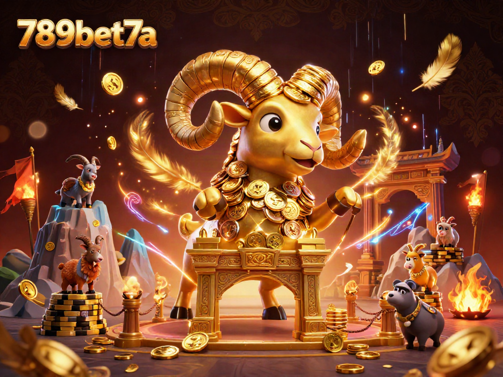 Engaging 789bet7a illustration featuring a golden ram charging through an ornate gate in a dynamic casino backdrop.