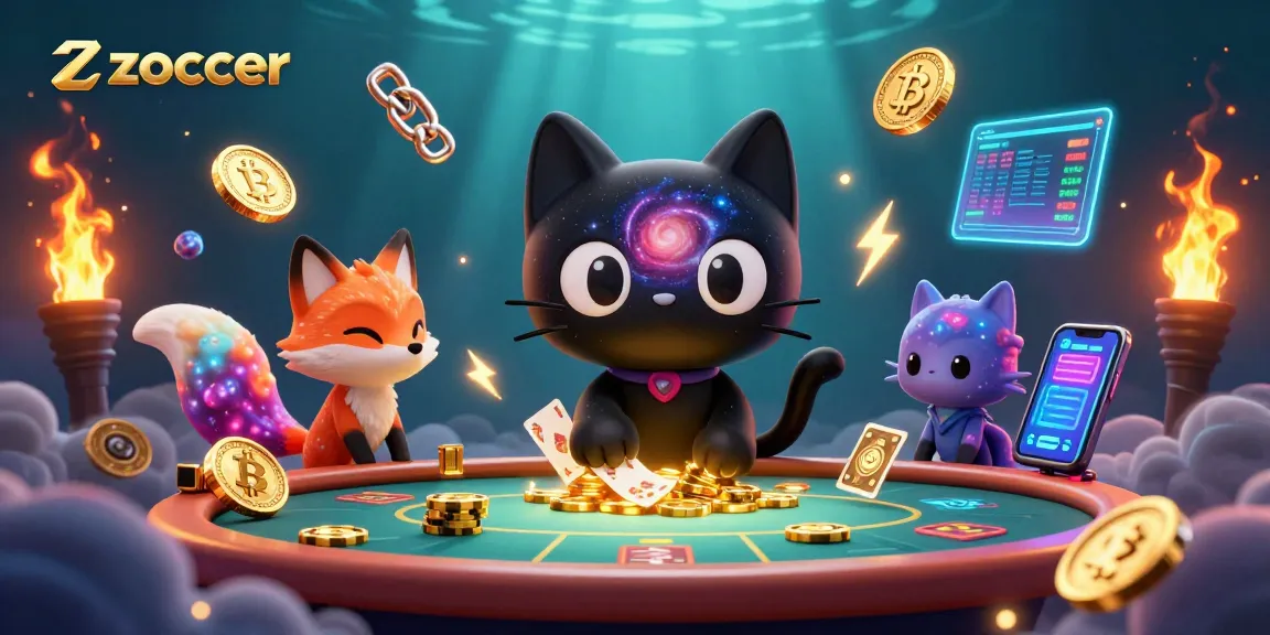 Zoccer casino scene showcasing a cosmic black hole cat and nebula fox amidst digital betting elements.