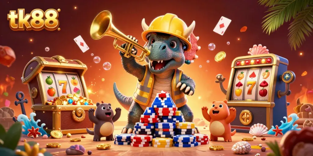 Cheerful scene with tk88-themed triceratops and elements like poker chips and slot machines.