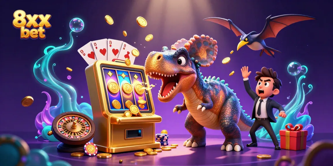 Experience the thrill of 8xx bet as a pachycephalosaurus triggers a slot jackpot amidst flying coins.