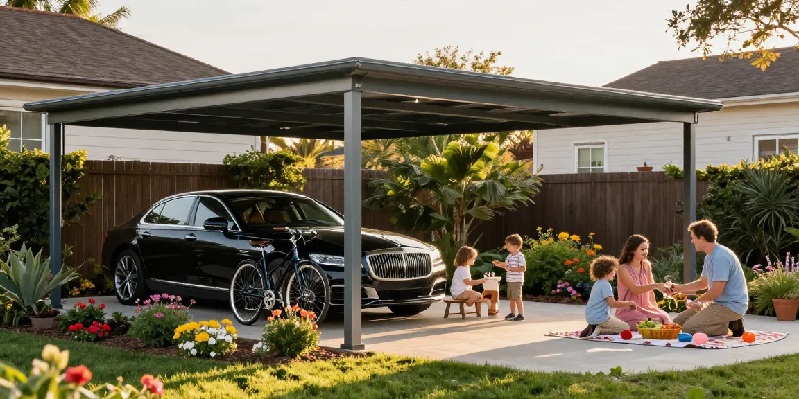 Moderne Carport-Struktur schützt Fahrzeuge im Garten während eines Familienpicknicks.