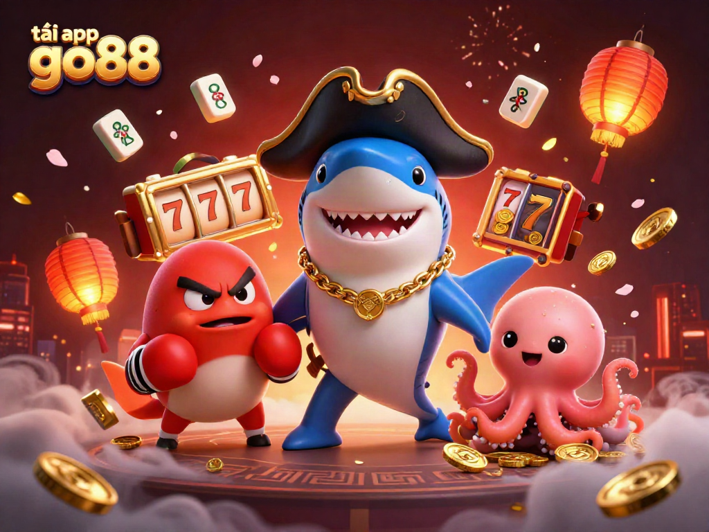 Engaging scene promoting tải app go88 with animated casino elements including slot reels, coins, and characters.