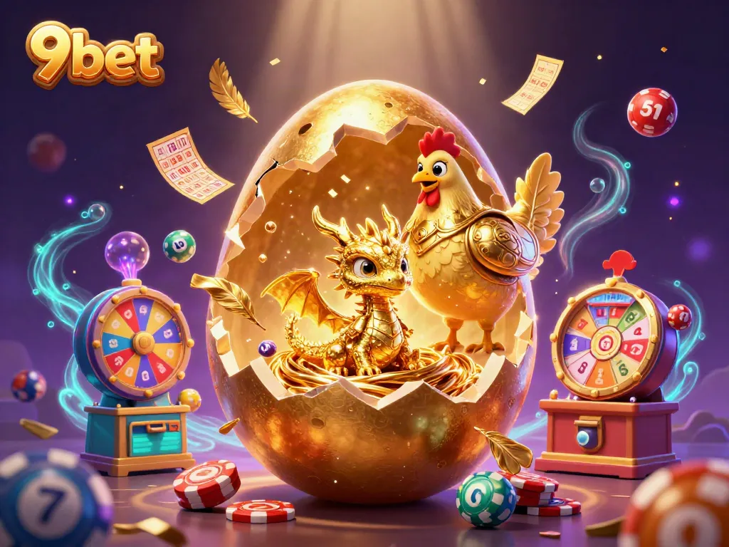 Engage in winning strategies at 9bet with a vibrant display of golden gaming treasures and lottery surprises.