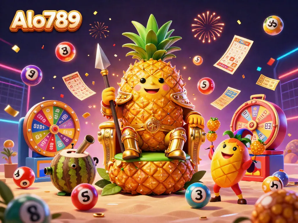 Alo789 invites viewers to experience vibrant casino fun featuring a cartoon pineapple king with gaming elements.