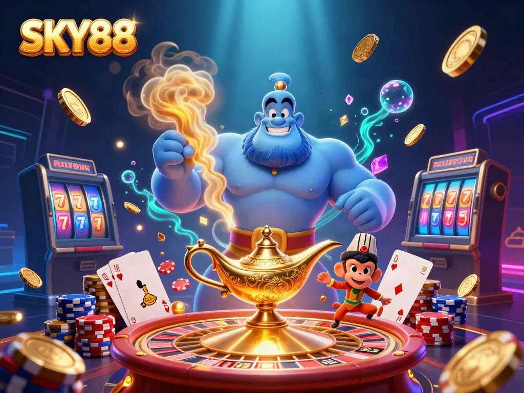 Experience thrilling gambling action at SKY88 featuring vibrant casino elements and dynamic characters.