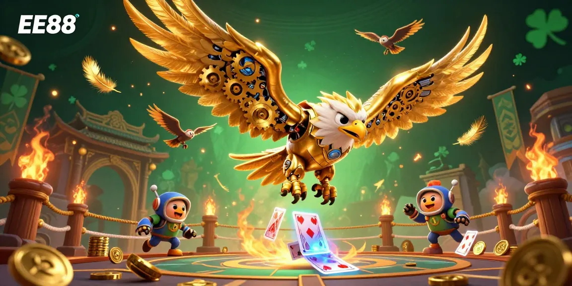 Experience exciting gaming action with EE88's dynamic casino scene featuring 3D characters and vibrant effects.