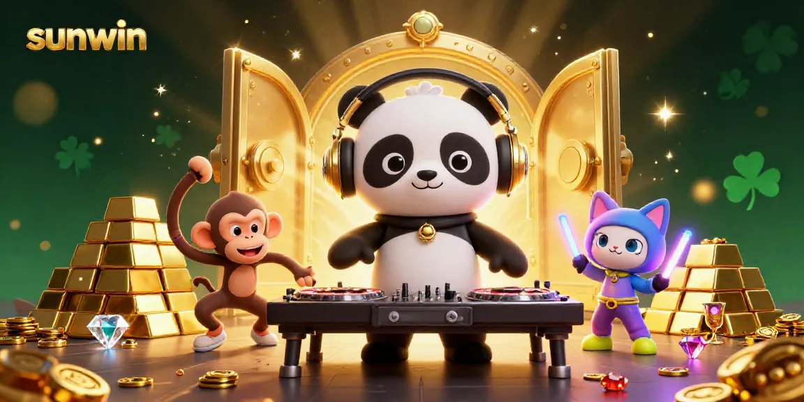 Experience vibrant fun with sunwin's cartoon gaming scene, showcasing a DJ panda, breakdancing monkey, and rave kitten.