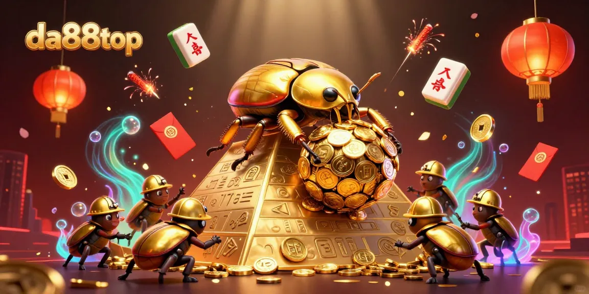 da88top showcases a golden beetle rolling coins while casino symbols float around in a vibrant scene