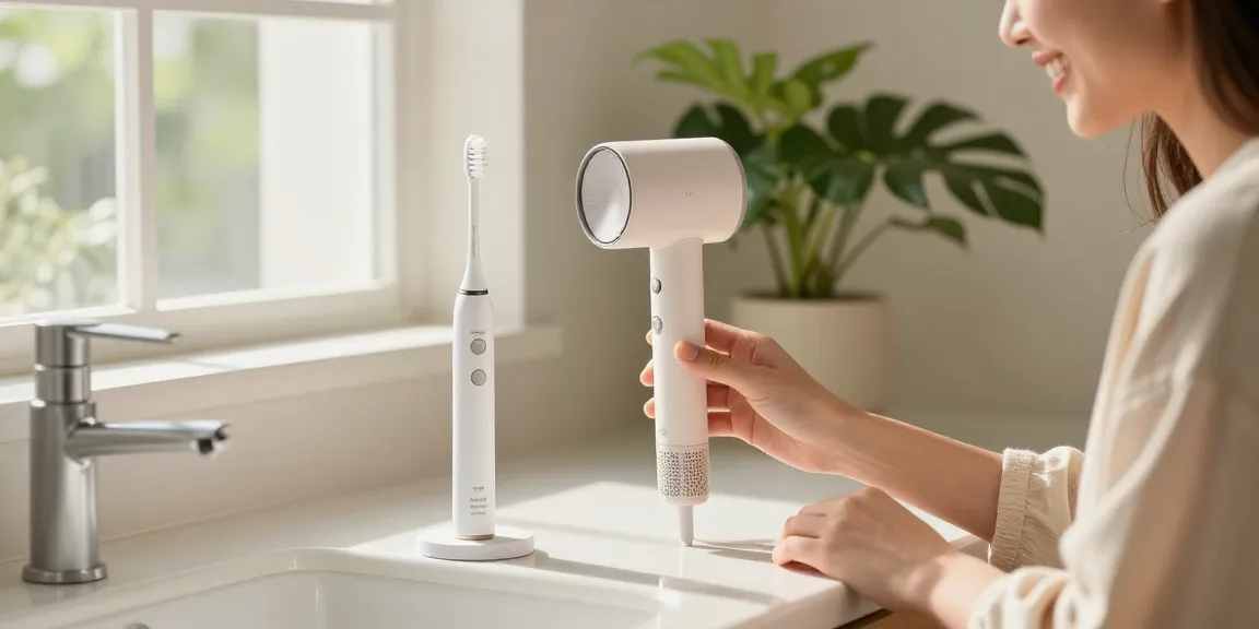 Laifen Deutschland: Attraktive Produkte wie die elektrische Zahnbürste Wave Pro und der Haartrockner Neo Special in einem einladenden Badezimmer-Setting.