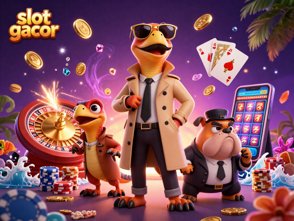 Win big with slot gacor as raptors enter a VIP casino amidst coins and gems.