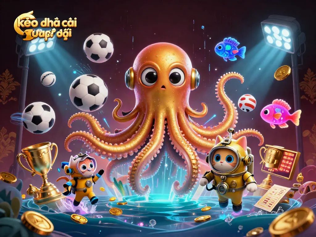 Experience the thrill of kèo nhà cái trực tiếp with a dynamic scene featuring a kraken, diving cat, and sports elements.