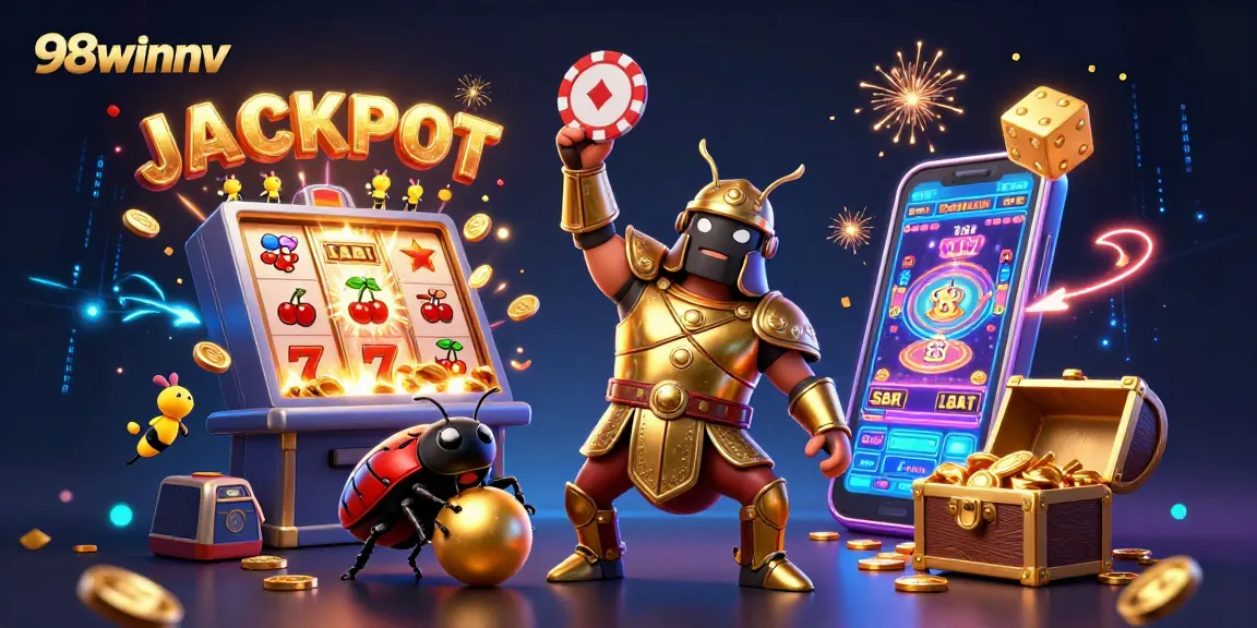 Engage with 98winnv by witnessing a victorious beetle celebrating jackpot wins amidst vibrant casino elements.