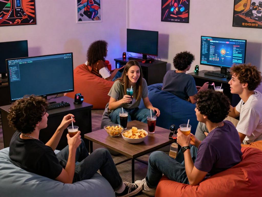 Friends enjoying rokok88 gaming strategies in a cozy lounge atmosphere