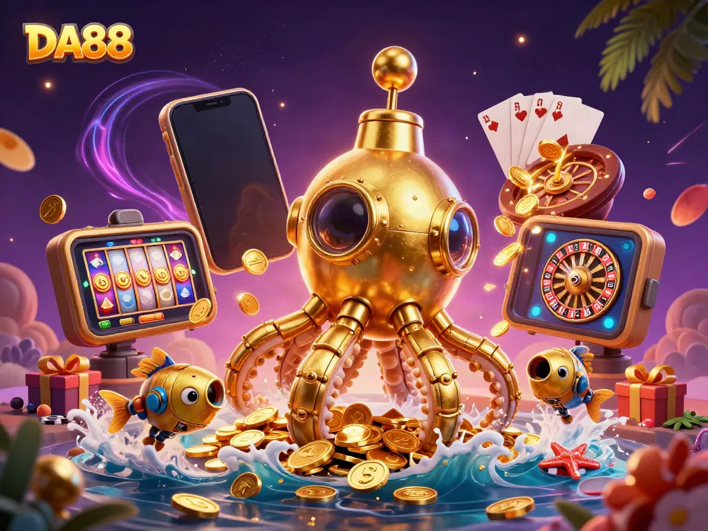 Experience the excitement of DA88 with vibrant slot games amidst a treasure of golden coins.