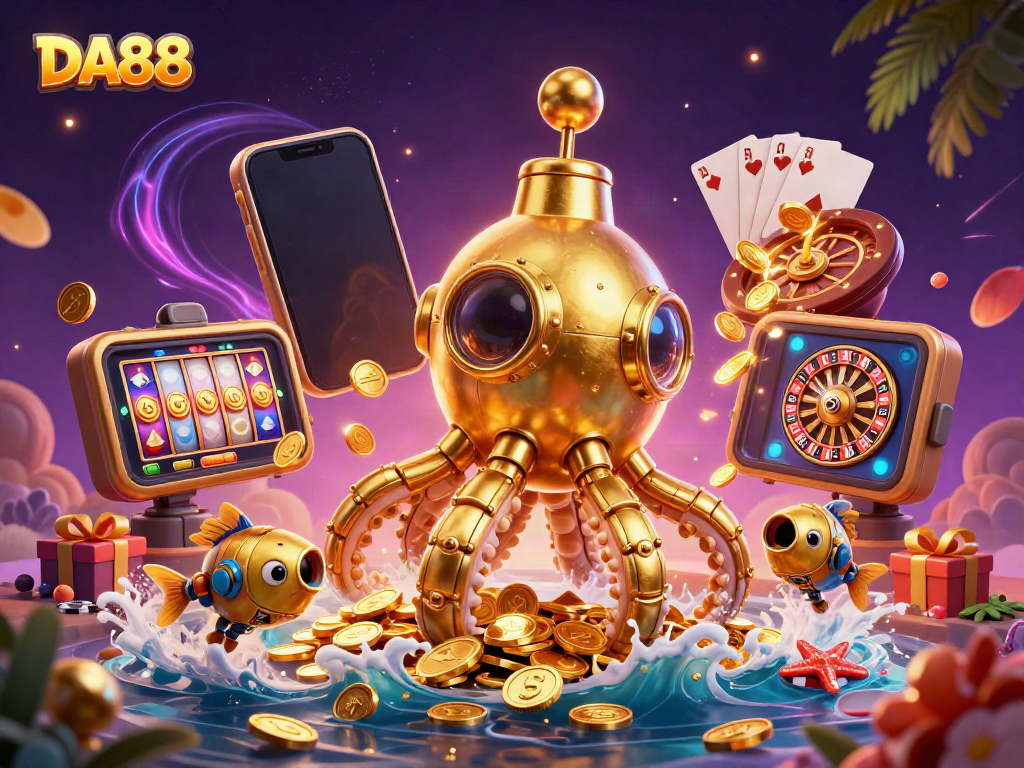 Experience the excitement of DA88 with vibrant slot games amidst a treasure of golden coins.