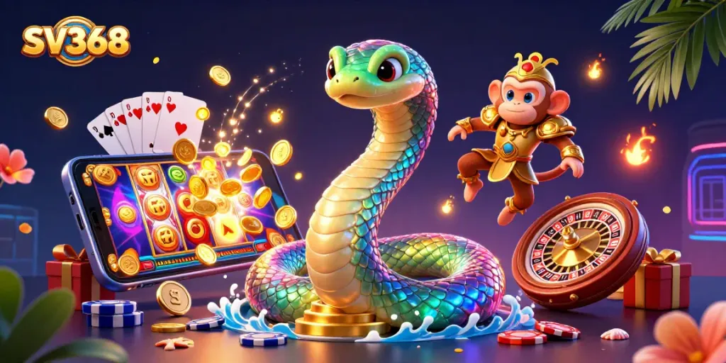 Engage with lucrative gaming experiences at SV368, featuring vibrant illustrations of casino elements and playful characters.