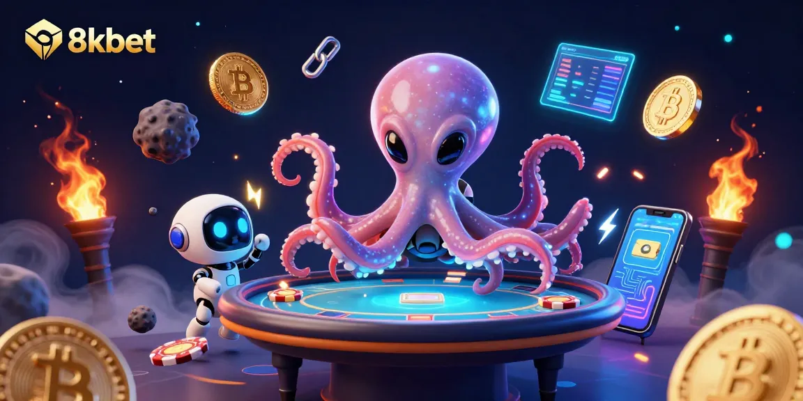 Engage in 8xbet's vibrant casino atmosphere with an alien octopus at a holographic poker table.