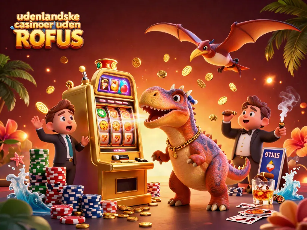 Engage with udenlandske casinoer uden ROFUS as a pachycephalosaurus interacts with a golden slot machine, capturing golden coins.