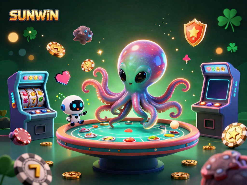SUNWIN transforms gaming with a vibrant alien octopus dealer in a thrilling holographic poker scene.