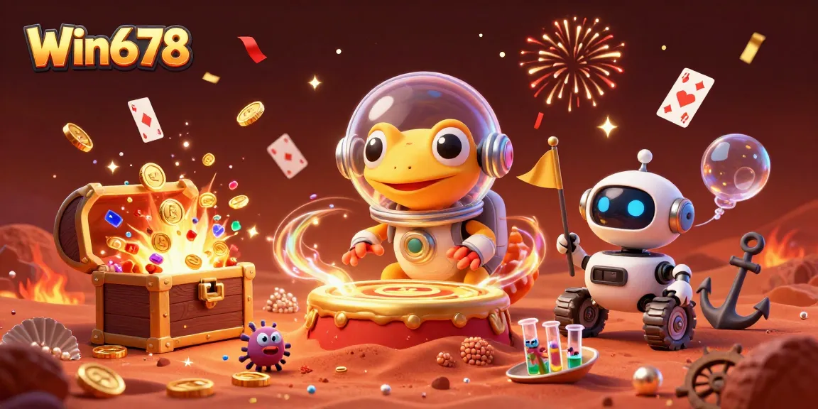 Win678 showcases a vibrant 3D gaming universe, highlighting exciting casino elements and joyful characters.