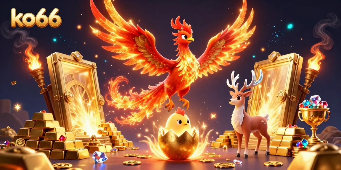 Experience thrilling wins with ko66 in this vibrant 3D casino illustration featuring mythical elements and treasures.