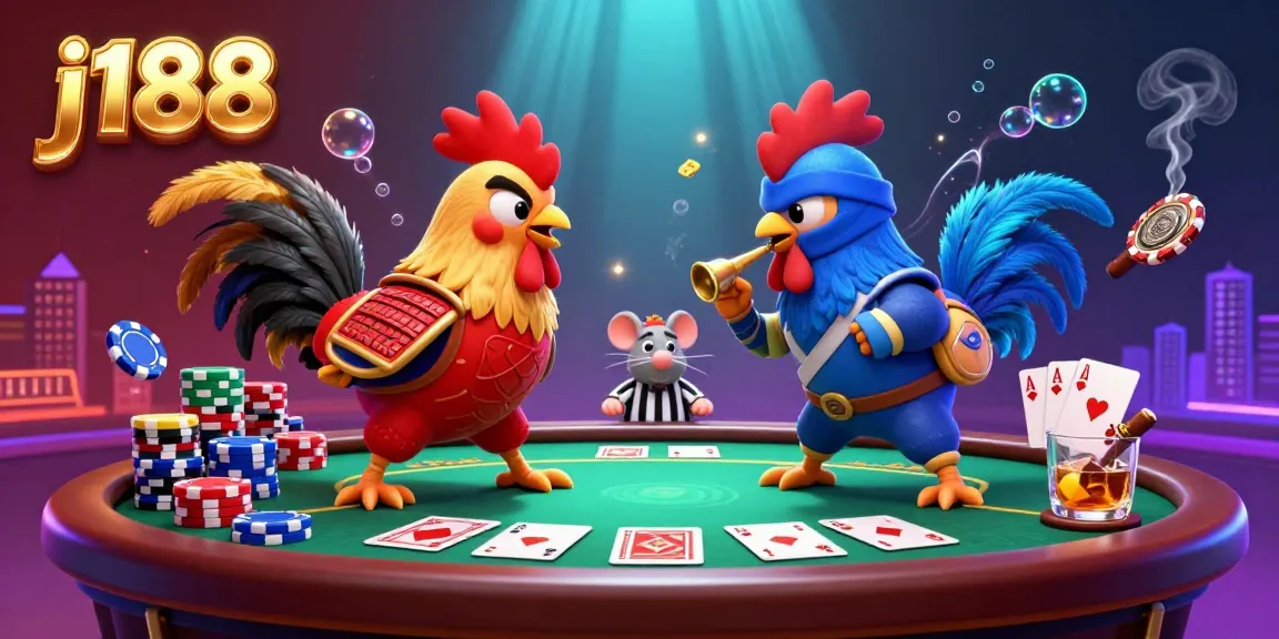 Experience the thrilling standoff between j188's samurai rooster and ninja rooster at a lavish poker table.