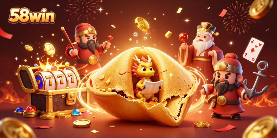 Engage with thrilling games at 58win, showcasing a mesmerizing golden fortune cookie scene with vibrant casino elements.