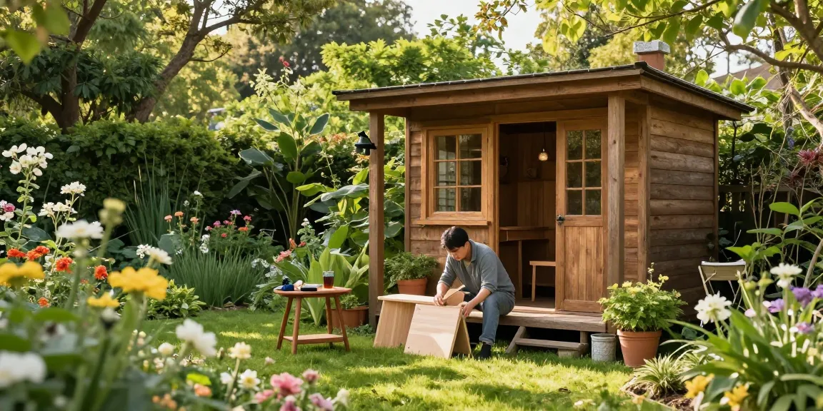 Gartenhaus Holz im Grünen mit einer Person, die Möbel zusammenbaut.