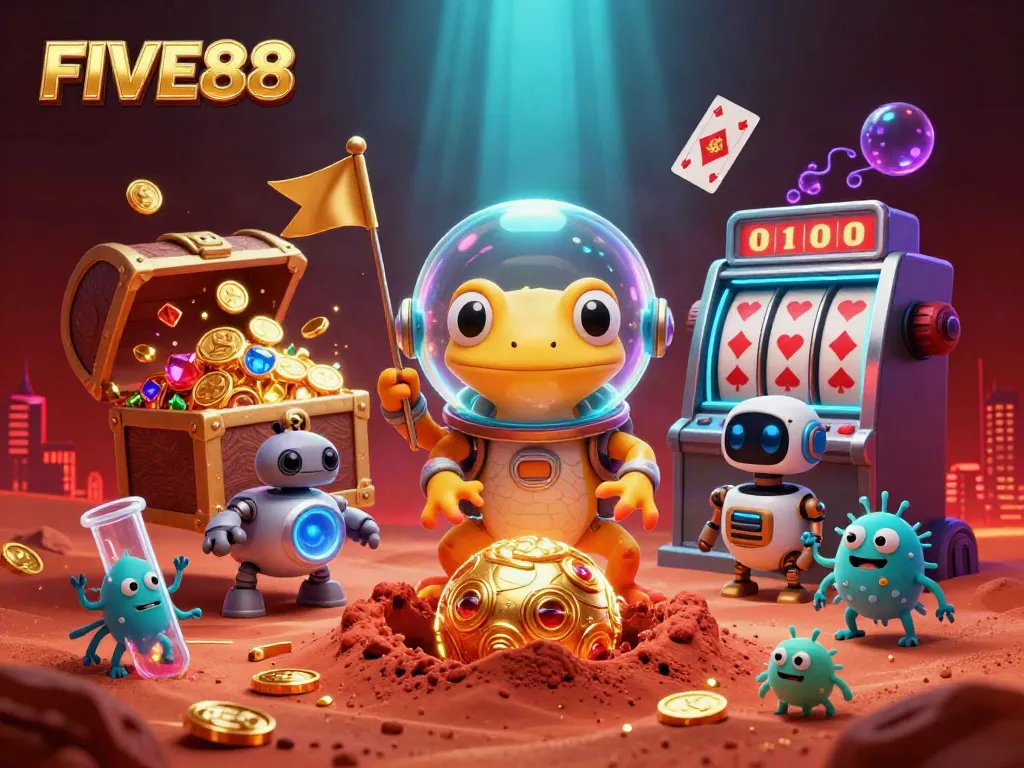 Experience the excitement of FIVE88 with a 3D illustration featuring a Martian gecko discovering a golden casino.