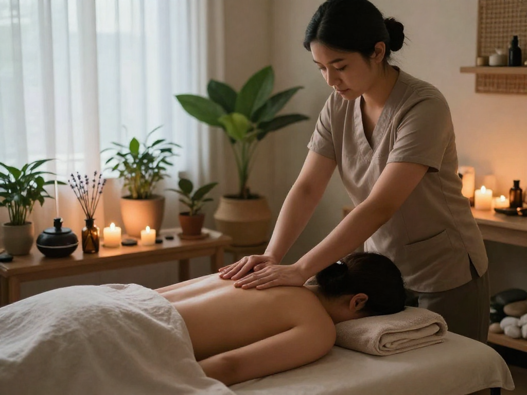 부천출장안마 massage therapy in a tranquil spa, therapist providing a soothing shoulder massage with calming ambiance.