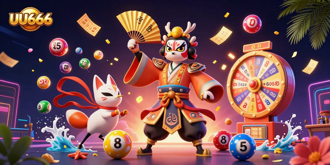 Experience thrilling gameplay at UU666 with dynamic lottery balls, golden bingo cards, and vibrant casino elements.