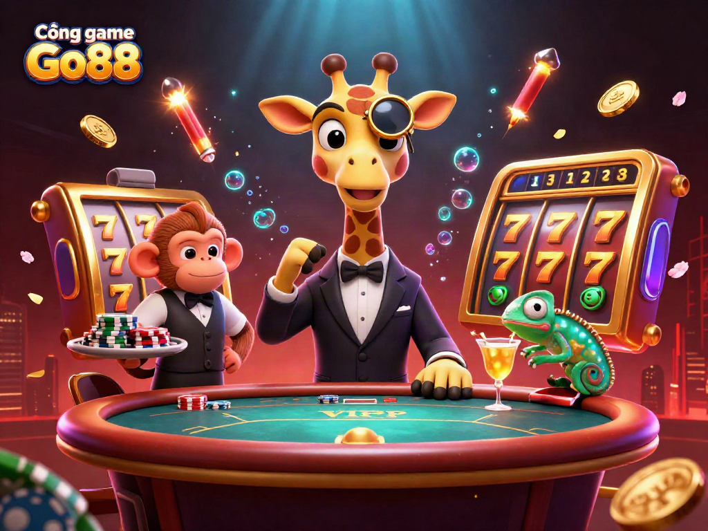 Cổng game Go88 showcases a vibrant casino scene with a giraffe in a suit at a poker table.