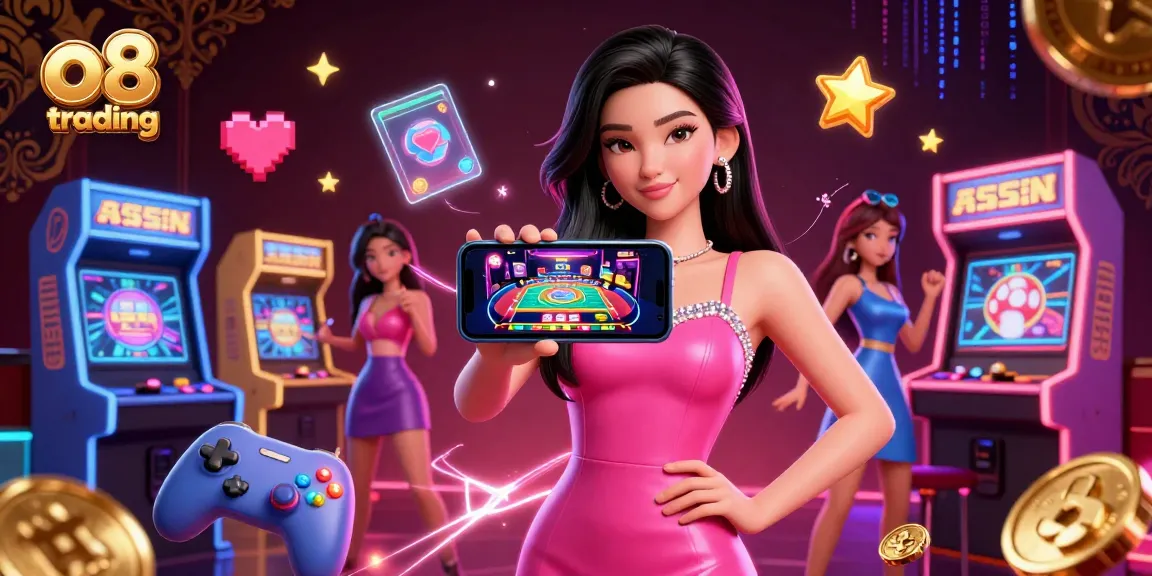 Engage in vibrant o8 trading with a stunning Asian woman showcasing live dealer games in a dynamic casino atmosphere.