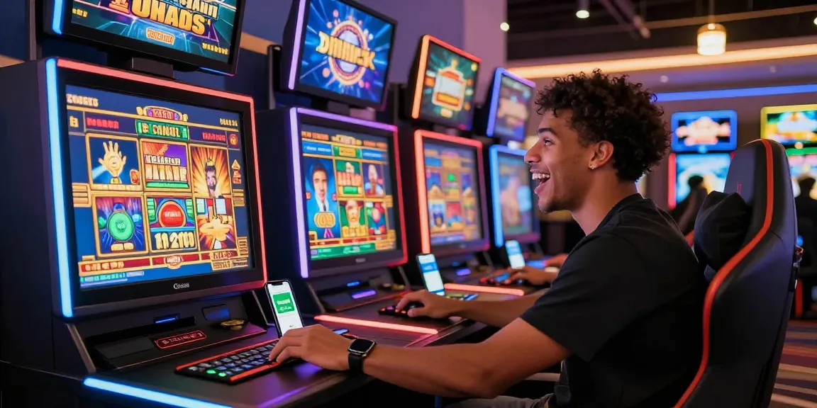 Paysafe Card Casino-Szene mit einem glücklichen Spieler an einem Spielarbeitsplatz, der Online-Slots und Live-Dealer-Spiele in einer lebhaften digitalen Umgebung genießt.